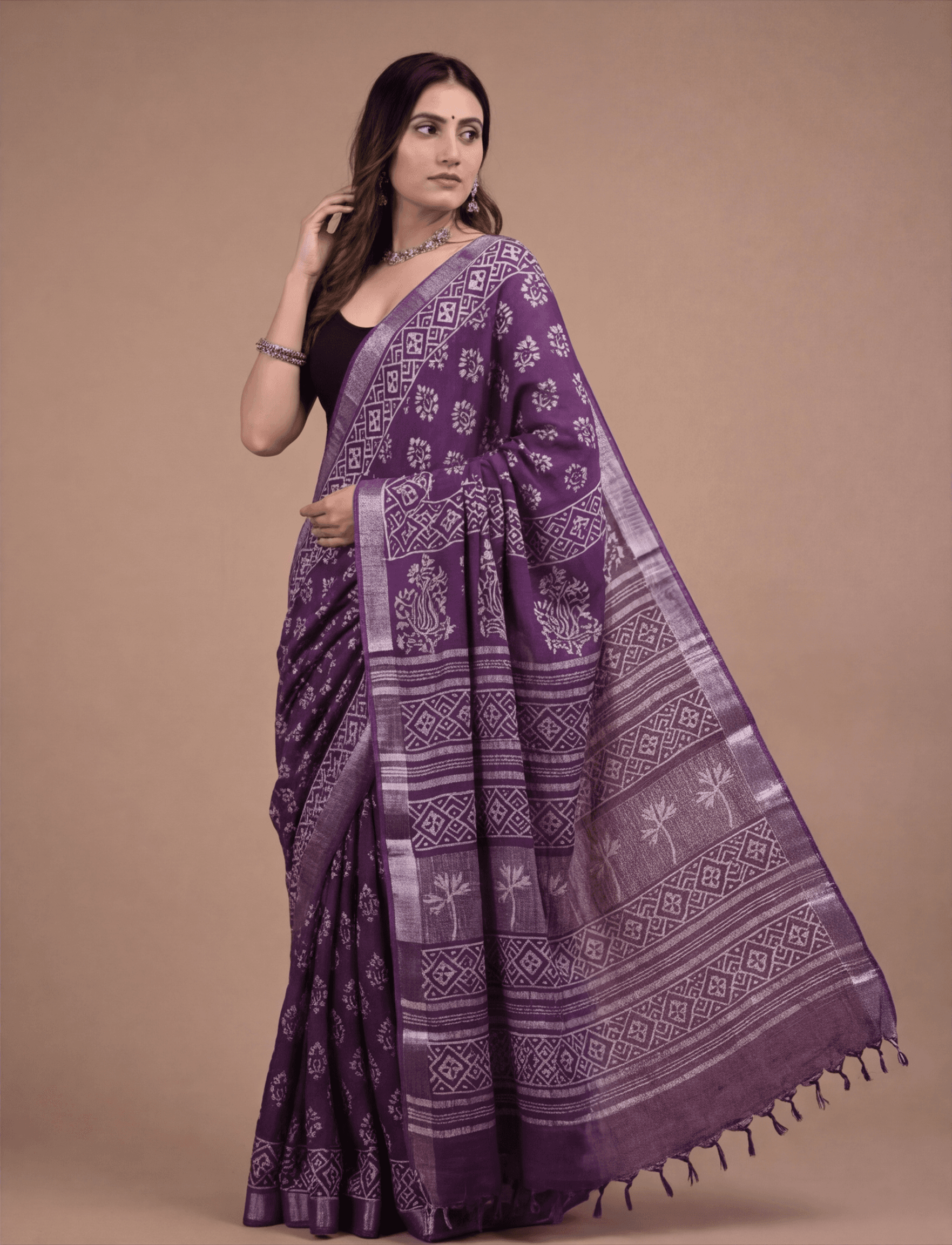 Elegant Deep Purple Handblock Printed Cotton Linen Saree