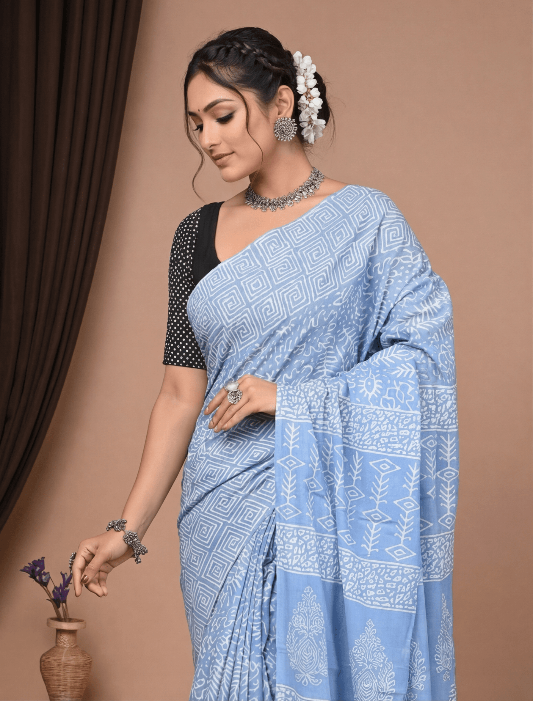 Serene Sky Blue Hand-Block Print Cotton Saree
