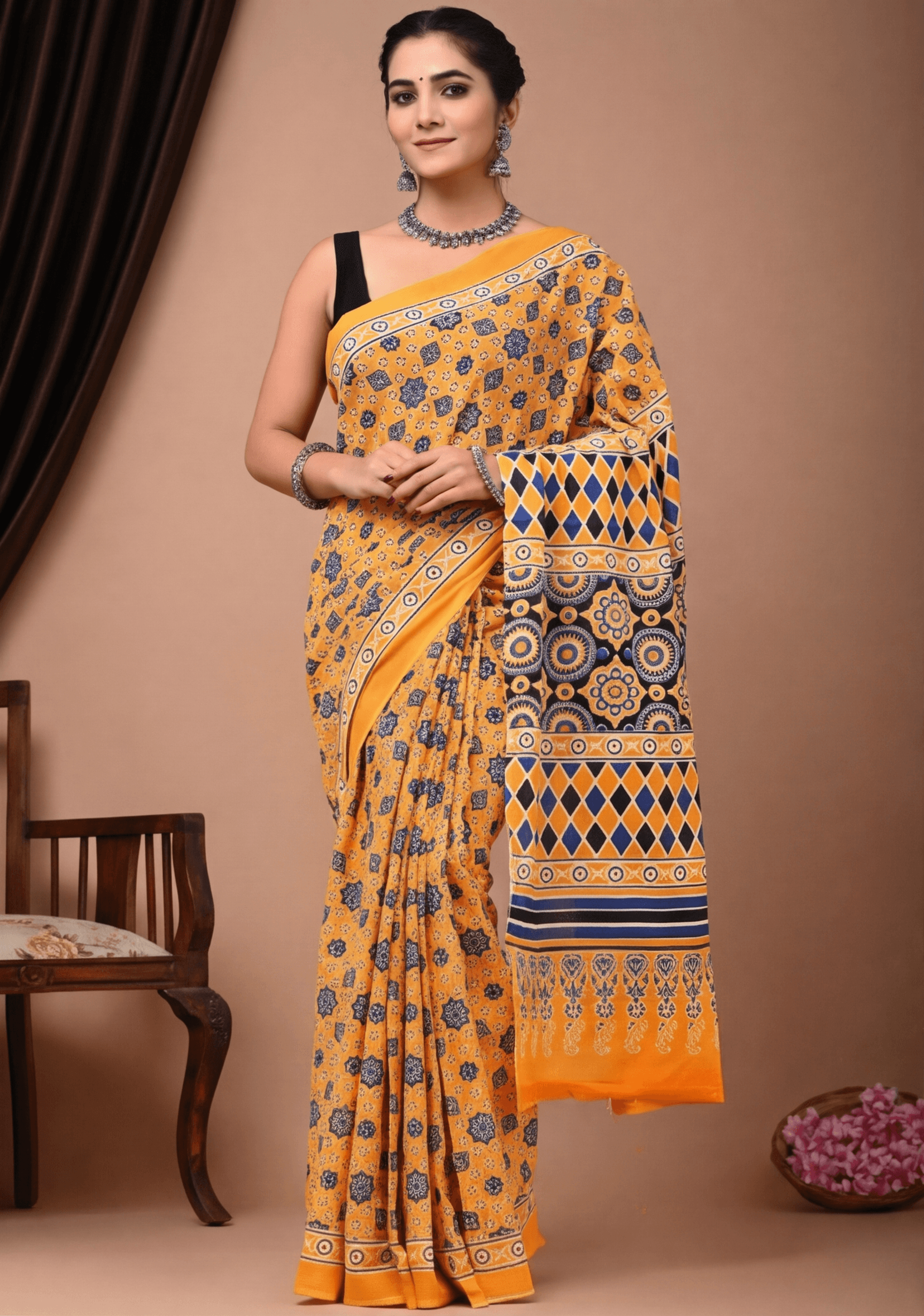 Saffron & Indigo Ajrakh Print Mulmul Saree