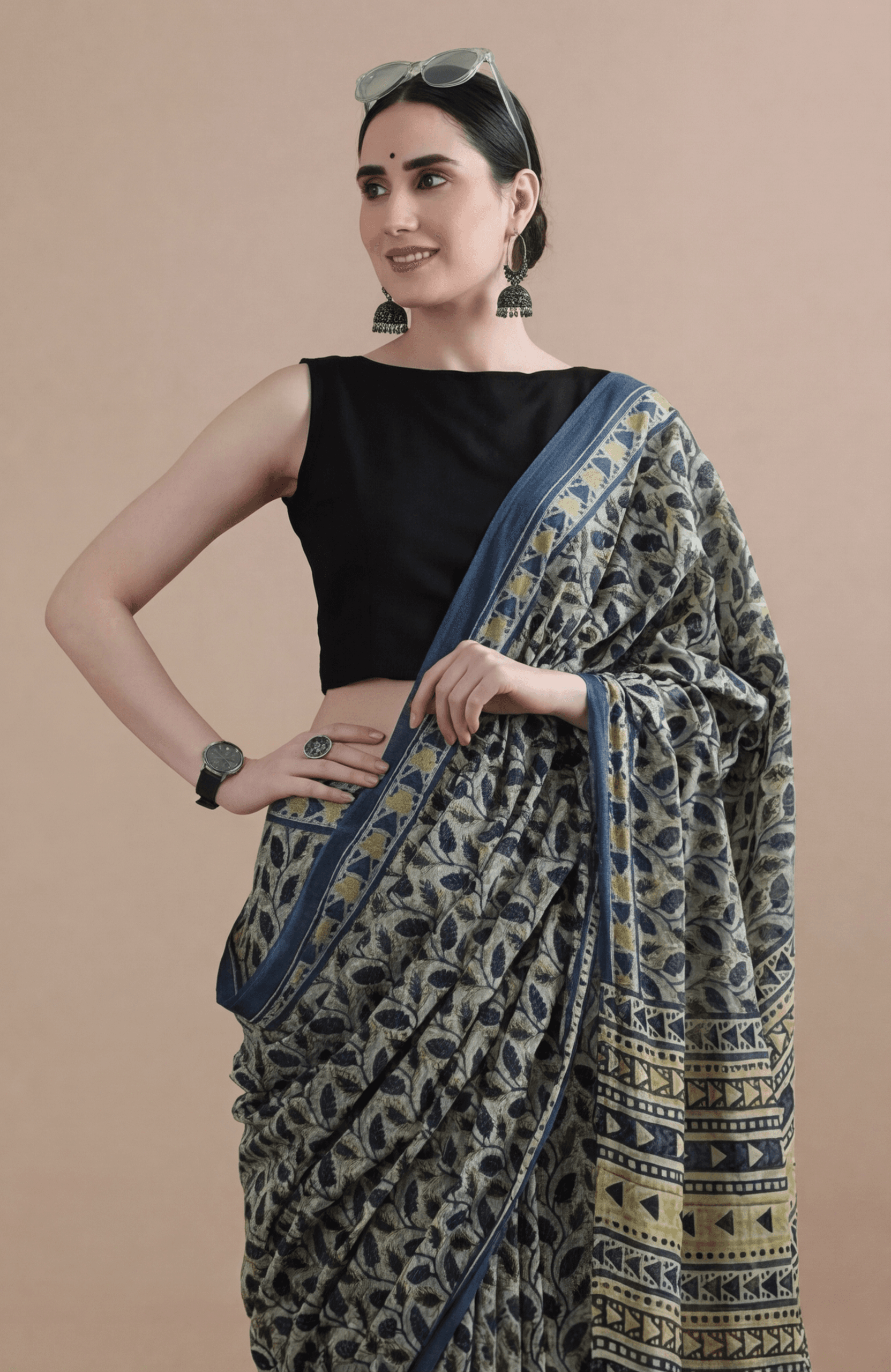 Hand-Block Printed Indigo & Sage Leaf Saree