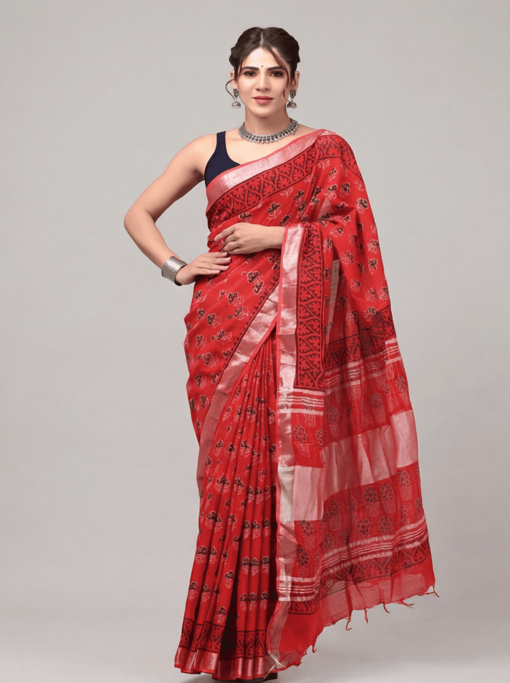 Red Elegance Hand-Block Printed Linen Saree