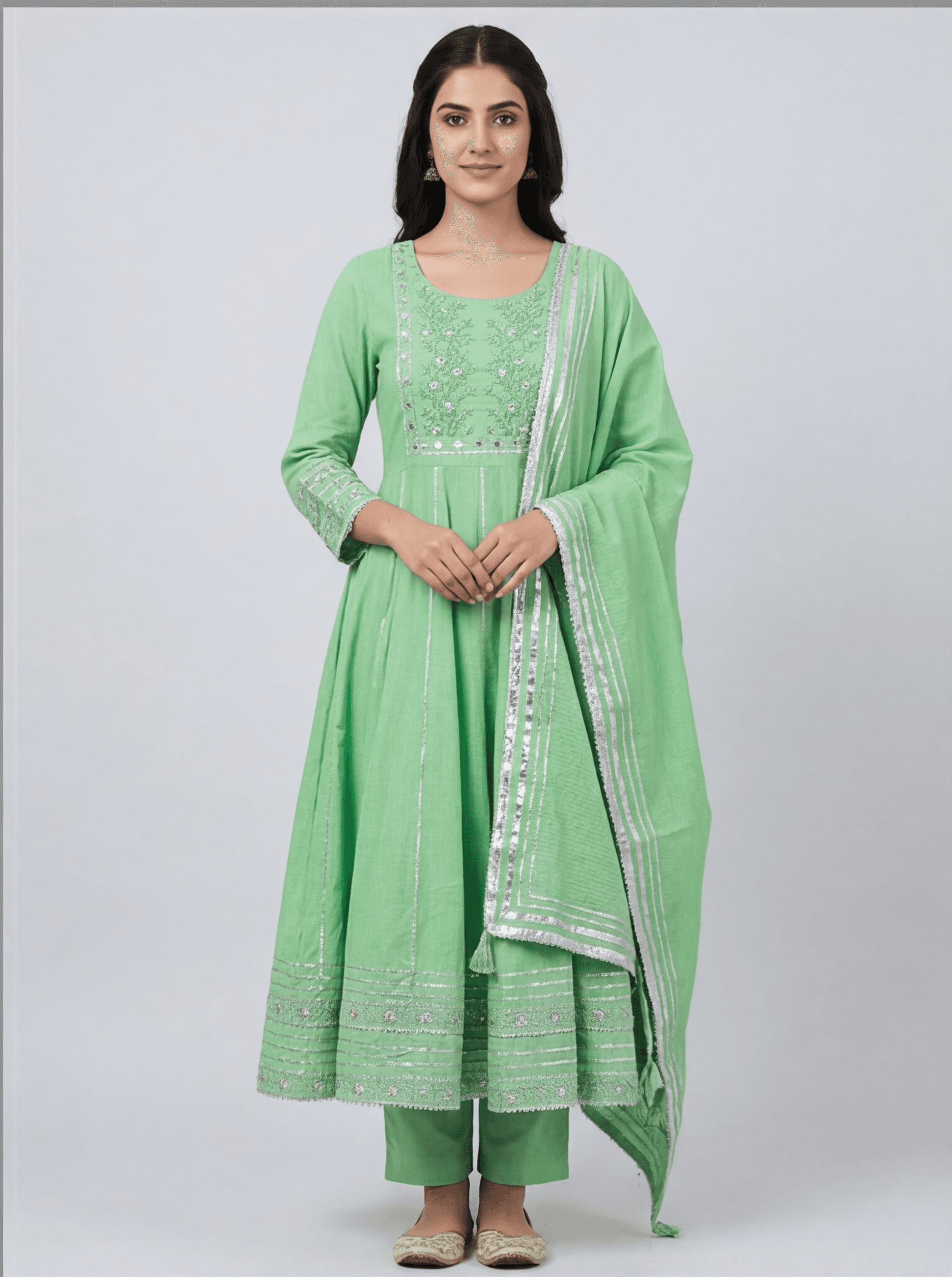 Radiant Sage Anarkali Set with Gota Patti Highlights