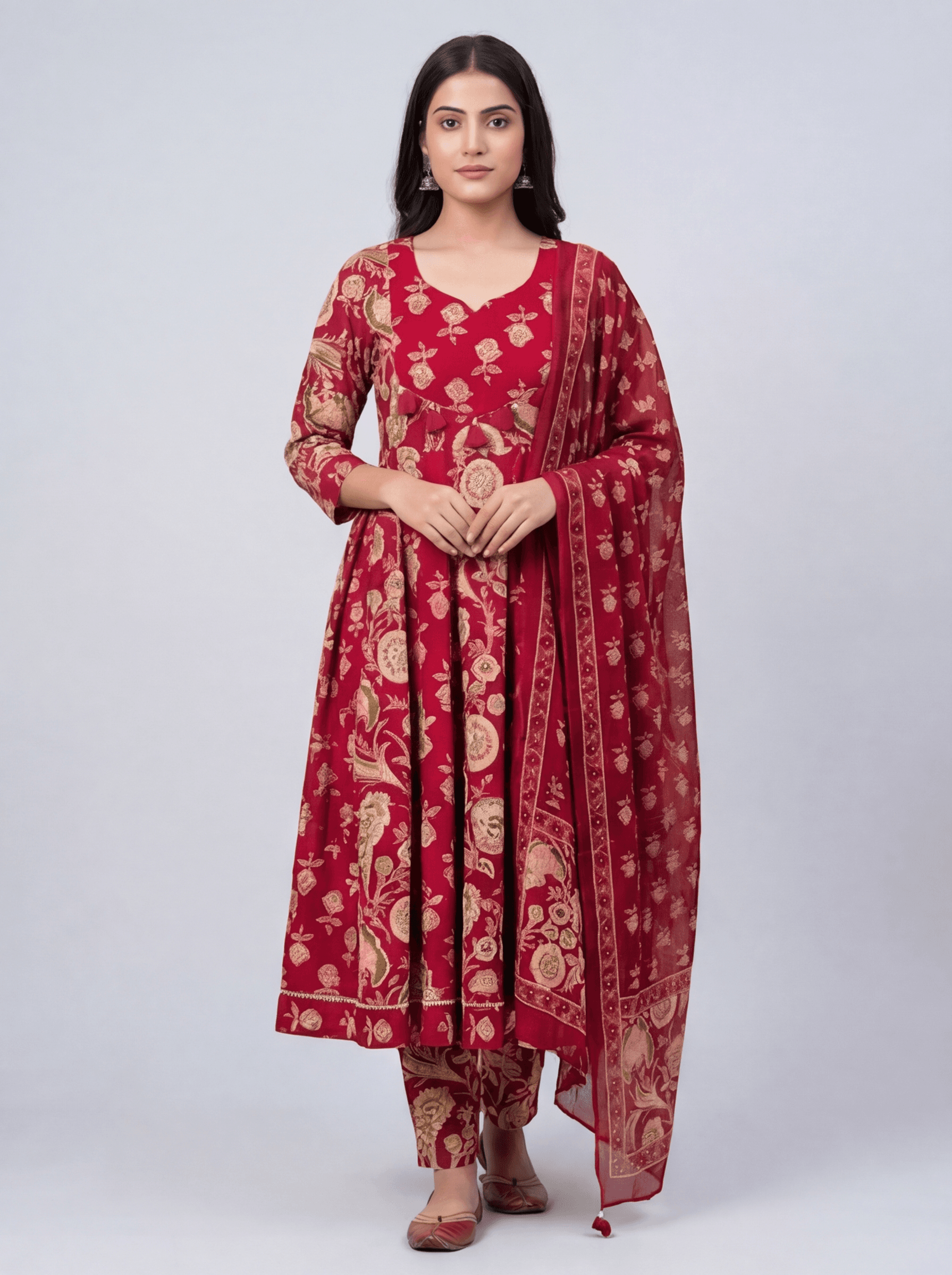 Crimson Floral Harmony Anarkali Set