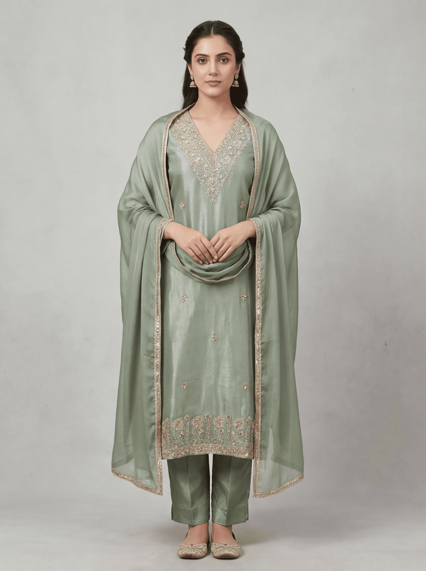 Elegant Seafoam Hand-Embroidered Silk Suit Set