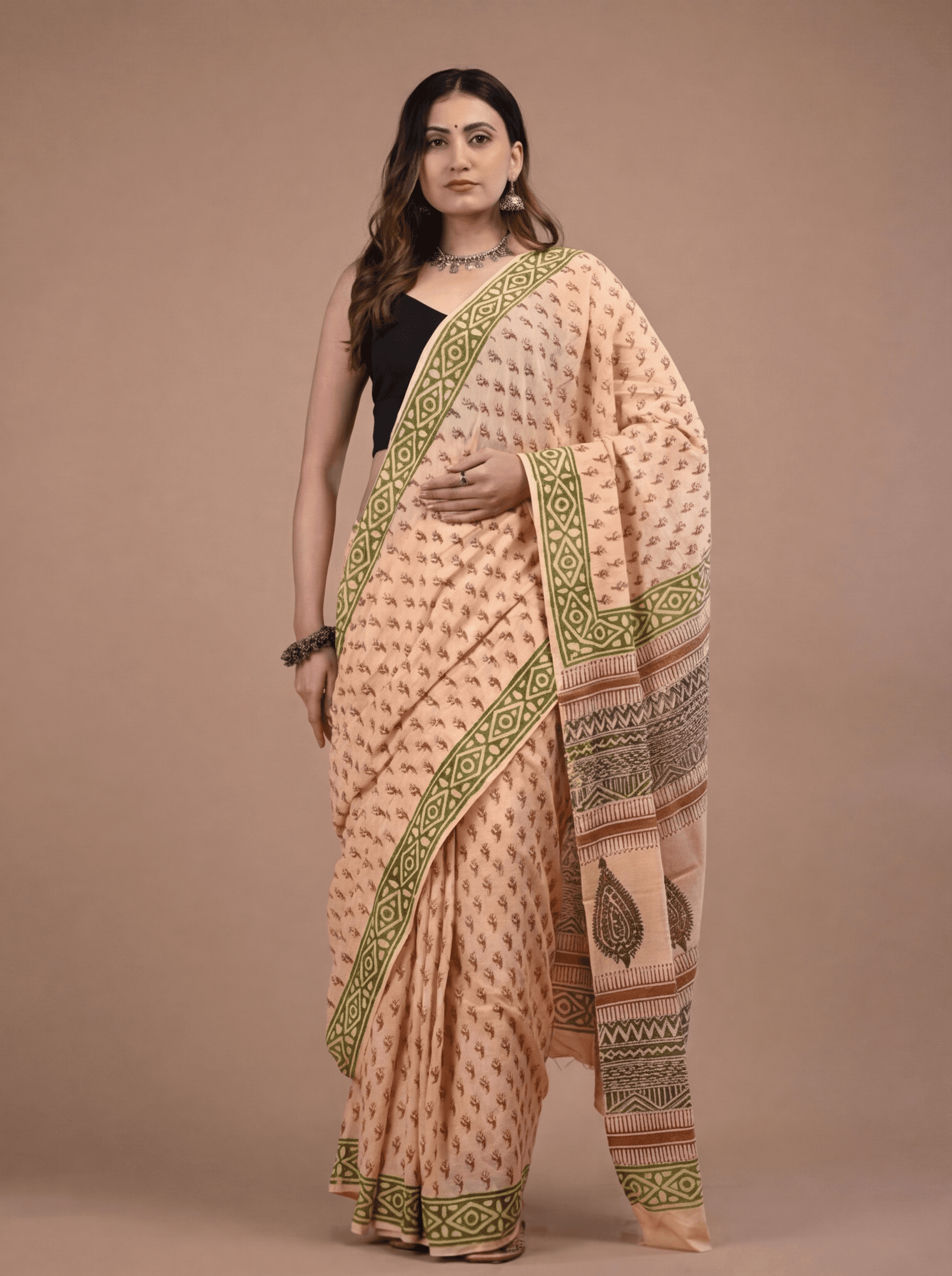 Elegant Peach & Sage Green Hand-Block Printed Cotton Saree