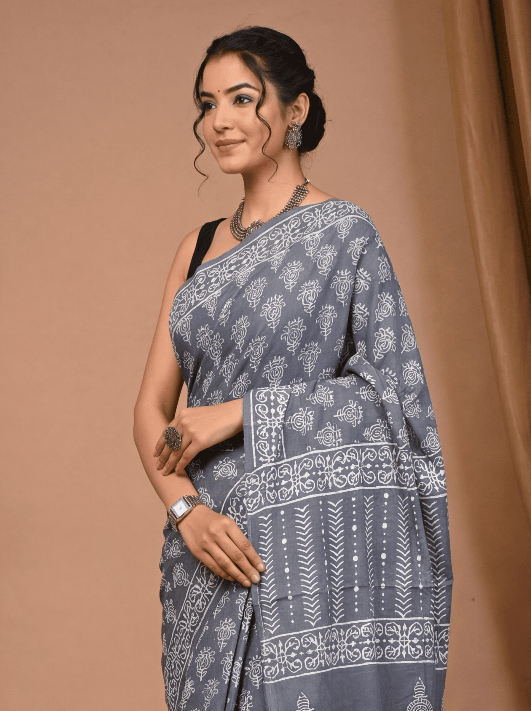 Elegance in Indigo: Slate Grey Hand-Block Printed Cotton Saree