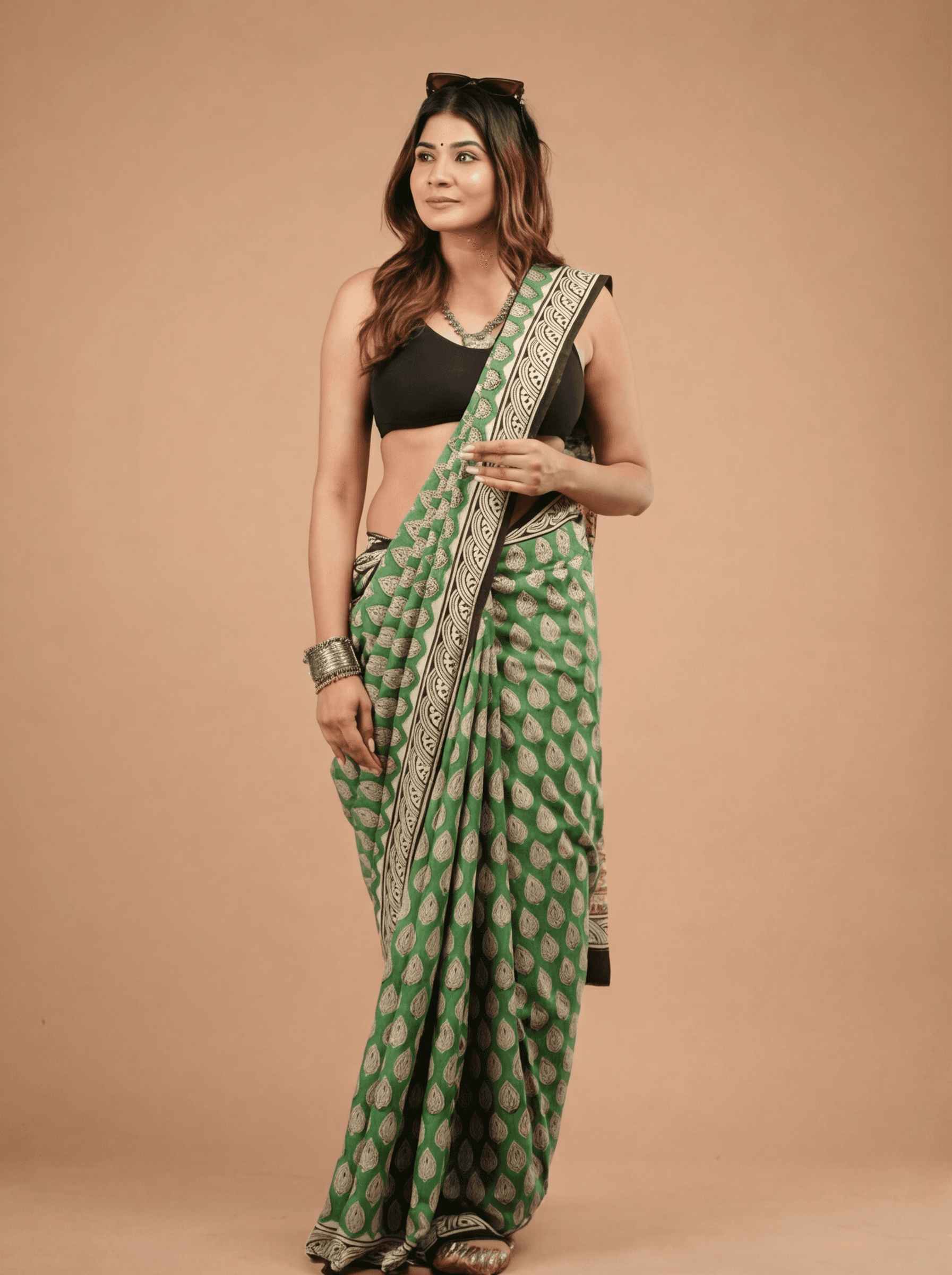 Lush Green Hand-Block Print Cotton Saree