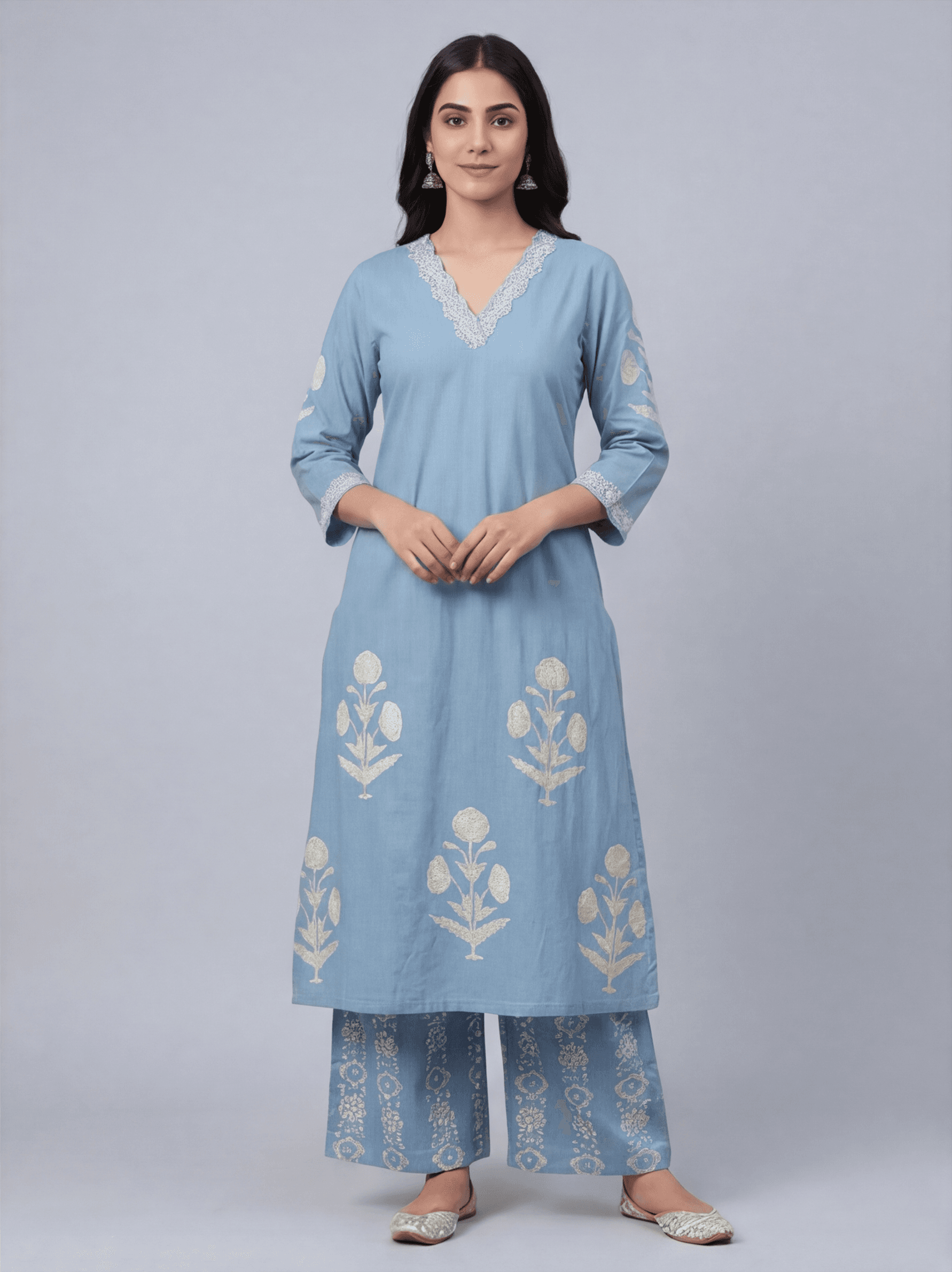 Serene Azure Floral Embroidered Kurta Set