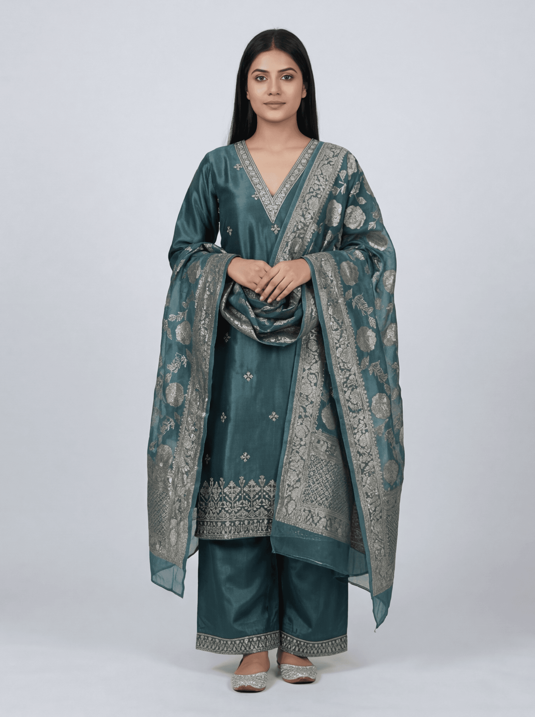 Deep Teal Banarasi Silk Fusion Suit Set
