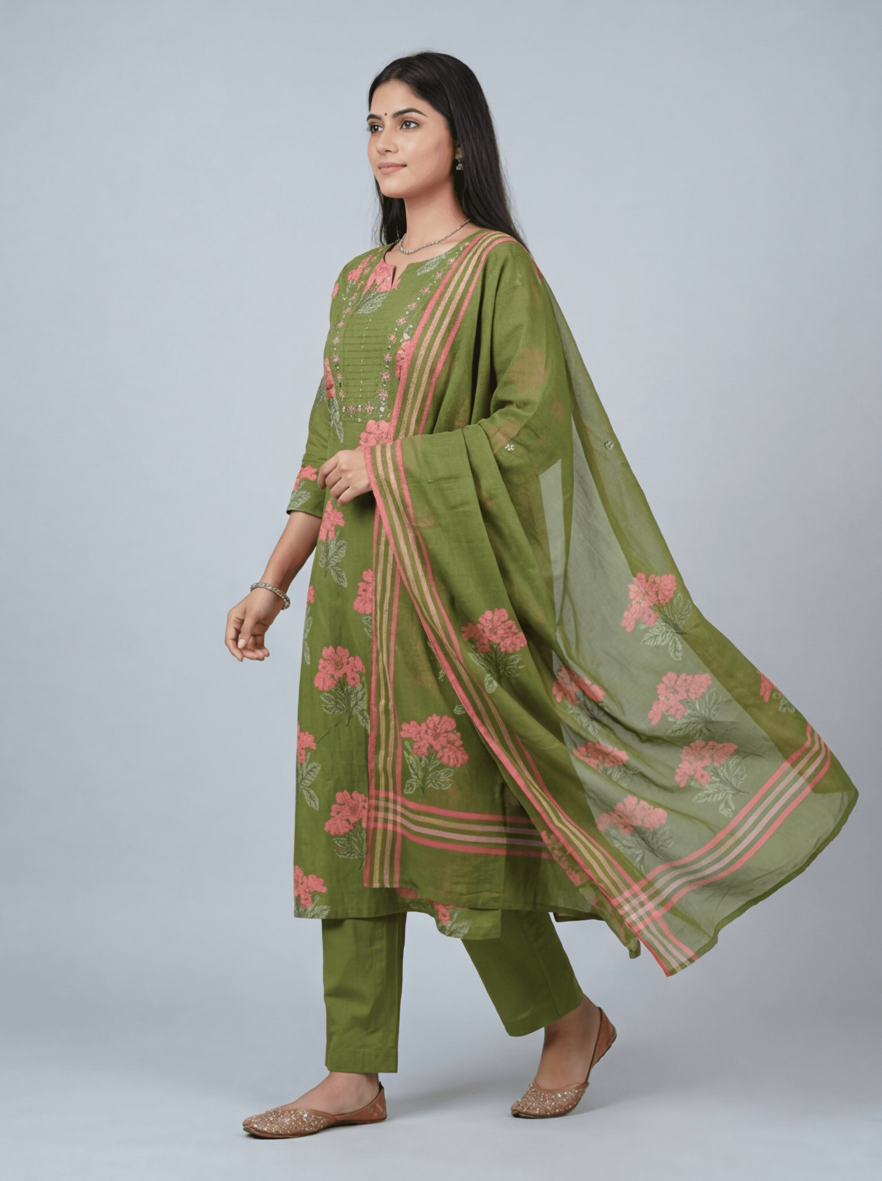 Moss Green Floral Cotton Suit Set with Embroidered Yoke