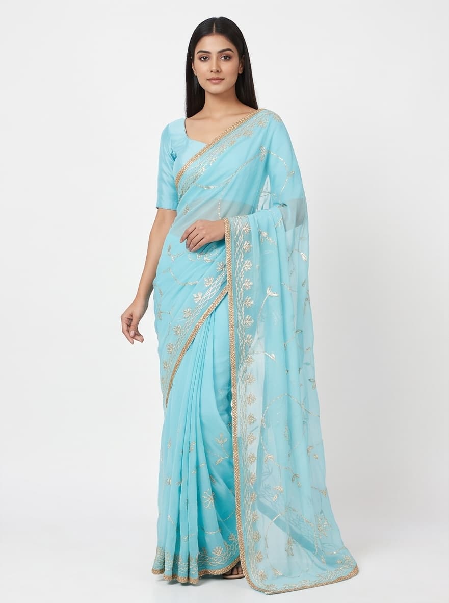 Embroidered Georgette Saree with Sequins and Gold Lace Border