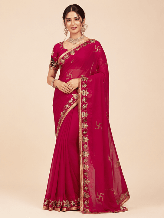Chiffon Saree with Sacred Swastika & Kalash Embroidery
